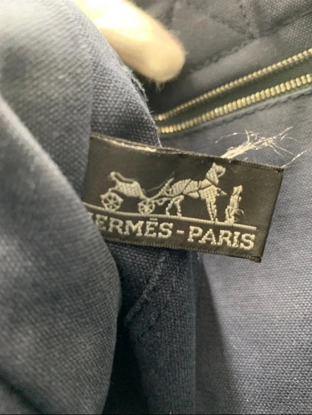 Hermes Navy Canvas Tote with Brown Striped Handles